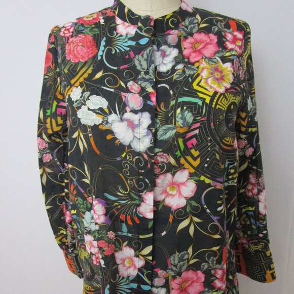 Vivid Floral Black Top Blouse Poly Keystone Bohemian - Picture 3 of 11